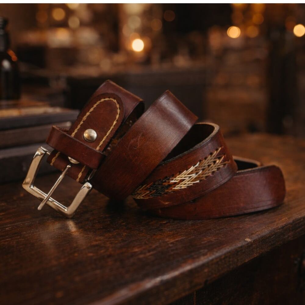 Women’s Vintage Brown Leather Belt Western Boho Woven Silver Buckle 43" Festival
